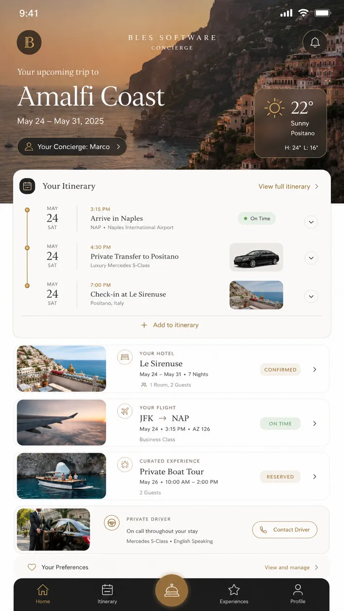 Travel Concierge mobile UI concept