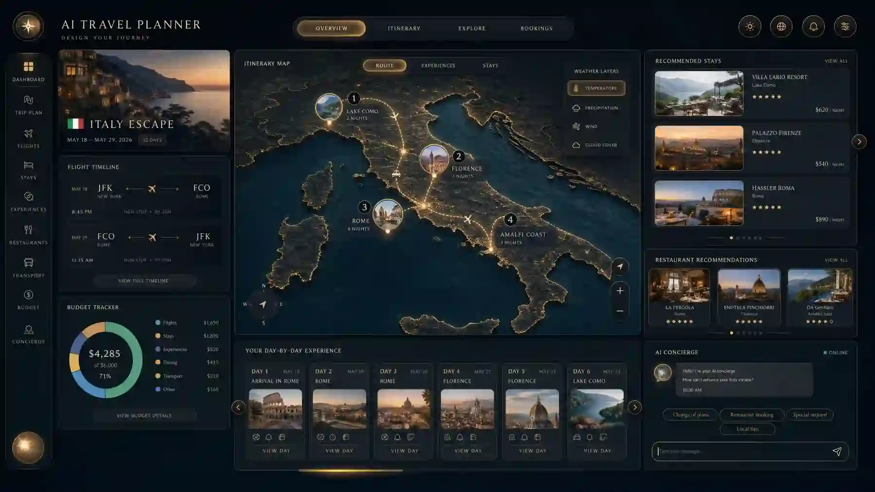 Luxury Travel Planner desktop UI concept designed by Bles Software