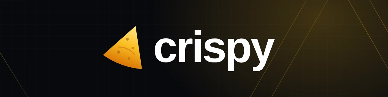 Crispy wordmark and golden brand mark on a dark background